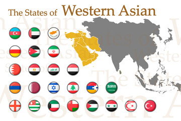 Fototapeta premium A set of icons for flags of Western Asian countries. Vector image of flags and maps of Asia on a white background. You can use it to create a website, print brochures, booklets, leaflets,travel guides