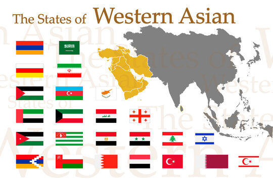 A set of icons for flags of Western Asian countries. Vector image of flags and maps of Asia on a white background. You can use it to create a website, print brochures, booklets, leaflets,travel guides