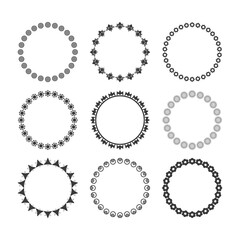 Black isolated circle and round floral and geometrical mandala emblems and borders design elements set on white background