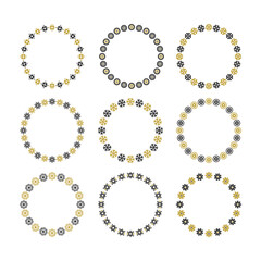Black and golden empty circle and round floral and cute mandala emblems and borders design elements set on white background