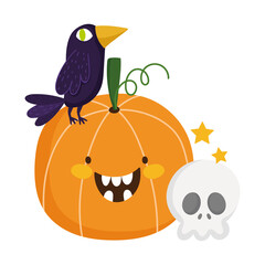 happy halloween, cute pumpkin raven and skull trick or treat party celebration