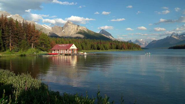 Historic boathouse on Maligne Lake at sunset in Jasper National Park, Alberta, Canada. 
