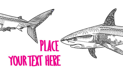 Shark. Doodling coloring book, meditation coloring book. Patterns, dots, stripes. Cute animals.
