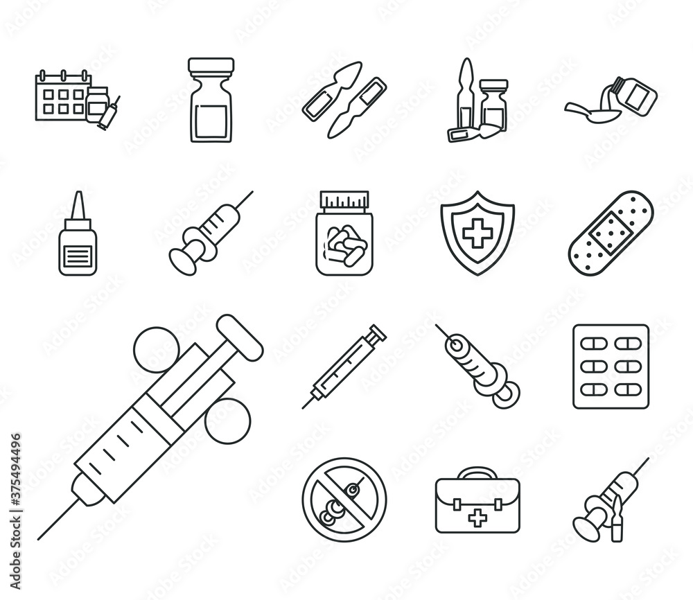 Poster vaccine research line style set icons vector design
