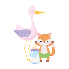 baby shower, stork with little fox and bottle cartoon, celebration welcome newborn