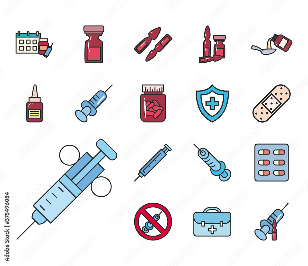 Poster Vaccine research line and fill style set icons vector design