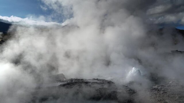 Geysers at El Tatio, the third-largest geothermal field in the world and the largest in the Southern Hemisphere, located in the Atacama desert in northern Chile near the border with Bolivia.