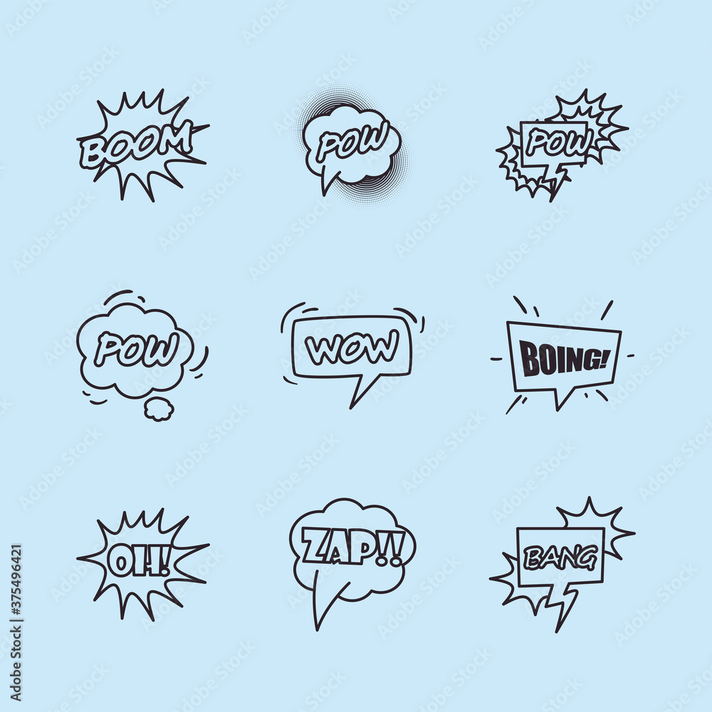 Poster pop art bubbles line style icons collection vector design