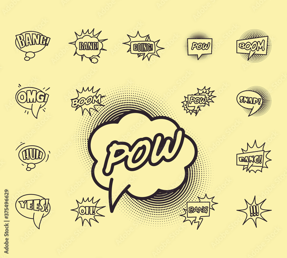 Poster pop art bubbles line style set of icons vector design
