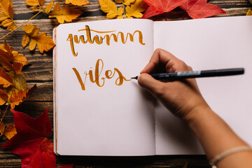 Female hand writing in a bullet journal. Blank notepad page in a cozy space with autumn orange, yellow and red leaves on a wooden table. Autumn vibes Concept.