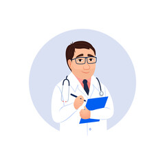 Fototapeta premium Flat young Caucasian doctor portrait with clipboard circle avatar isolated on white background. Male physician check up with stethoscope and checklist. Cartoon medical character vector illustration.