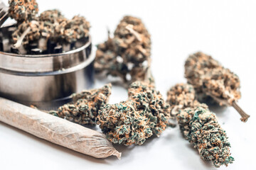 Close up of recreational or medical Cannabis on white background