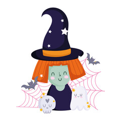 happy halloween, witch cartoon skull ghost bats and cobweb, trick or treat party celebration