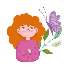 cute woman butterfly leaves decoration isolated icon white background