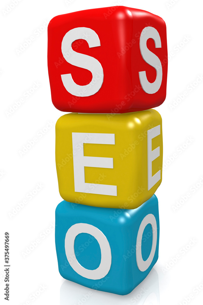 Poster seo word on blocks with letters, search engine optimization business concept, 3d rendering