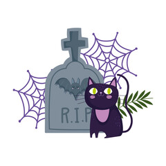 happy halloween, black cat cemetery tombstone cobweb trick or treat party celebration