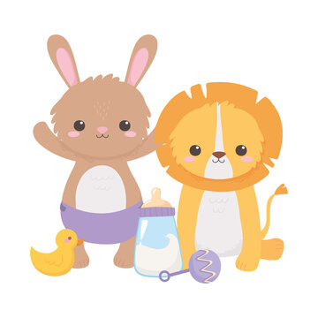 baby shower, little lion rabbit with rattle duck and milk bottle, celebration welcome newborn