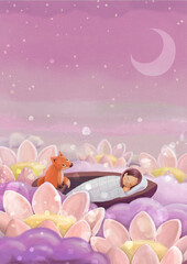 Obraz na płótnie Canvas Sleeping girl and fox in a boat in a dream world. Flowers in the clouds and the starry sky. Poster or postcard concept