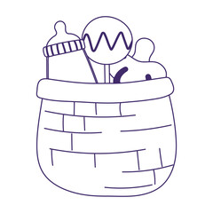 baby shower, basket with rattle pacifier and milk bottle, celebration welcome newborn