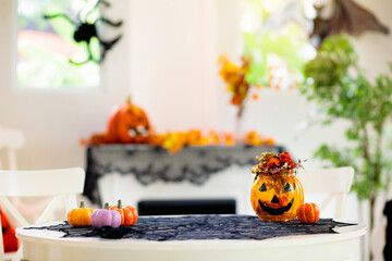 Halloween decoration. Pumpkin lantern. Autumn leaf