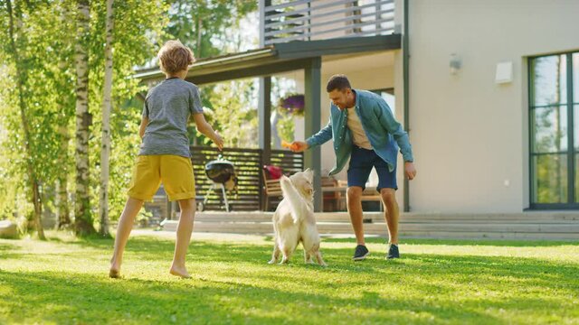 Handsome Father, and Son Play Catch With Loyal Family Friend Golden Retriever Dog. Family Spending Time Together Training Dog. Sunny Day Idyllic Suburban Home Backyard. Slow Motion Shot