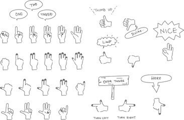 ハンドサインの手描き風イラストセット　線画