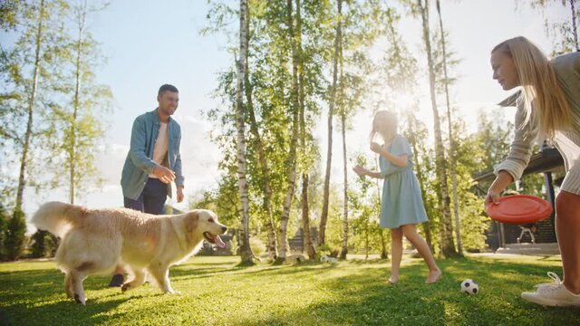 Smiling Beautiful Family of Four Play Soccer with Happy Golden Retriever Dog at the Backyard Lawn. Idyllic Family Having Fun with Loyal Pedigree Puppy Outdoors in Summer House. Handheld Ground Shot
