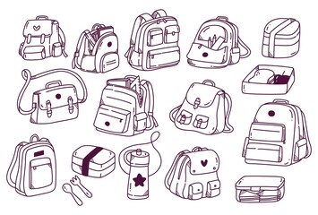 set of back pack doodles vector illustration - obrazy, fototapety, plakaty