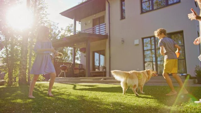 Beautiful Family of Four Play Catch Toy Ball with Happy Golden Retriever Dog on the Backyard Lawn. Idyllic Family Has Fun with Loyal Pedigree Dog Outdoors in Summer House Backyard.Handheld Dolly Shot