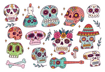 Hand drawn vector illustration of colorful sugar skull