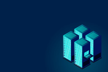 Data center or storage concept based isometric design with local servers connected to cloud servers and laptop on shiny blue background.