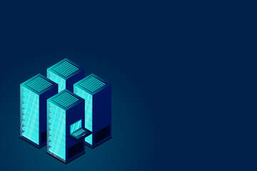 Data center or storage concept based isometric design with local servers connected to cloud servers and laptop on shiny blue background.