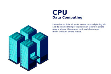 Data center or storage concept based isometric design with local servers connected to cloud servers and laptop on shiny blue background.