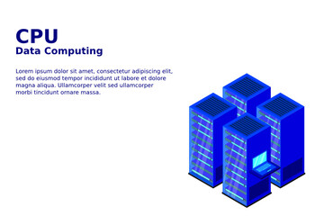 Data center or storage concept based isometric design with local servers connected to cloud servers and laptop on shiny blue background.