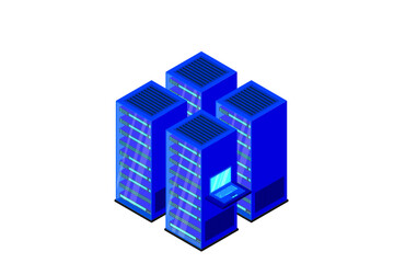 Data center or storage concept based isometric design with local servers connected to cloud servers and laptop on shiny blue background.