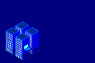 Data center or storage concept based isometric design with local servers connected to cloud servers and laptop on shiny blue background.