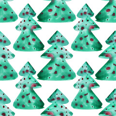 Seamless pattern watercolor hand-drawn green christmas tree naive art on white background. Art creative new year object for card, wallpaper, gift, textile, celebration