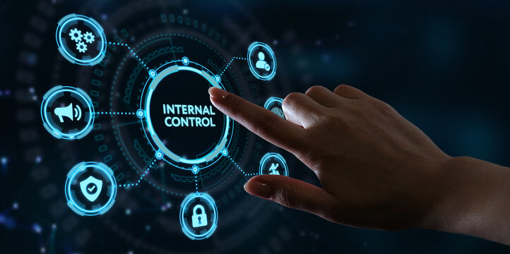 Businessman presses button internal control on virtual screens. Business, Technology, Internet and network concept.