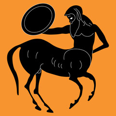 Silhouette of ancient Greek centaur holding shield. Vase painting style. Half man half horse. - obrazy, fototapety, plakaty