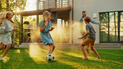 Happy Family of Four Playing with Garden Water Hose, Spraying Each Other. Mother, Father, Daughter and Son Have Fun Playing Games in the Backyard Lawn of Idyllic Suburban House on Sunny Summer Day - Powered by Adobe