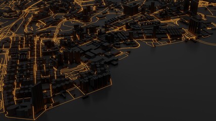 Model city consisting of houses, buildings, locations Road, pathway, waterway. That can be used as a background image or accompanying work. 3D Render.