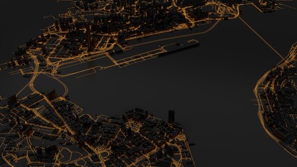 Model city consisting of houses, buildings, locations Road, pathway, waterway. That can be used as a background image or accompanying work. 3D Render.