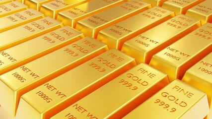 Closeup gold bars  background. Financial concept. golden bullion. 3D Render.