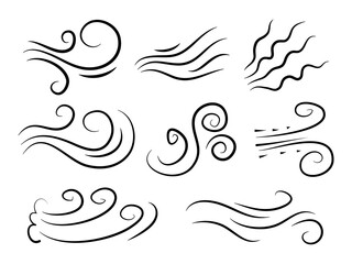 hand drawn set wind doodle blow, gust design isolated on white background.  illustration vector handrawn style