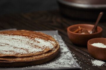 gastronomic photography, pancakes on dark background