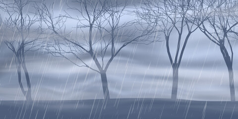 Autumn view, trees. Dramatic autumn sky, It is raining. Stormy clouds in dark sky, vector illustration, EPS10