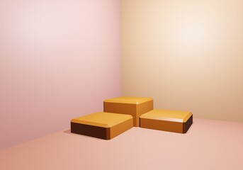 3d many display product, square yellow gold empty in empty room with light and shadow 3D rendering