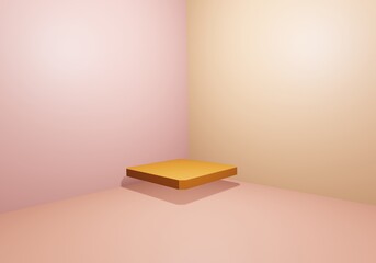 3d Pallet display product square yellow gold empty in empty room with light and shadow 3D rendering