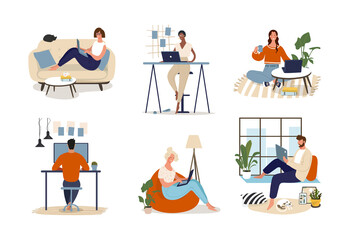Men and women work at home, the concept of remote work, comfortable home office, freedom. Set of vector illustrations in flat style isolated on white background.