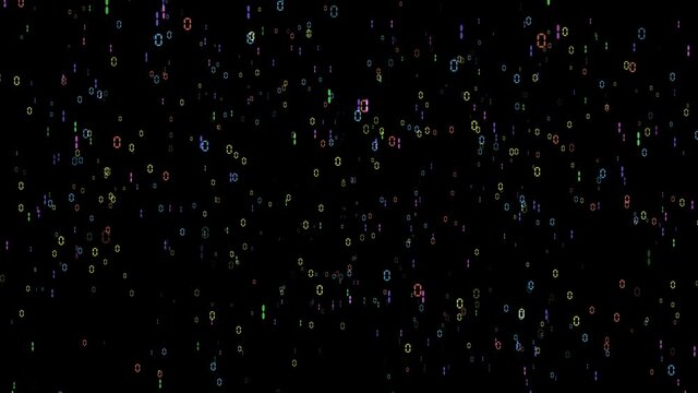 Binary digital paticle matrix colorful random number motion abstract on black screen